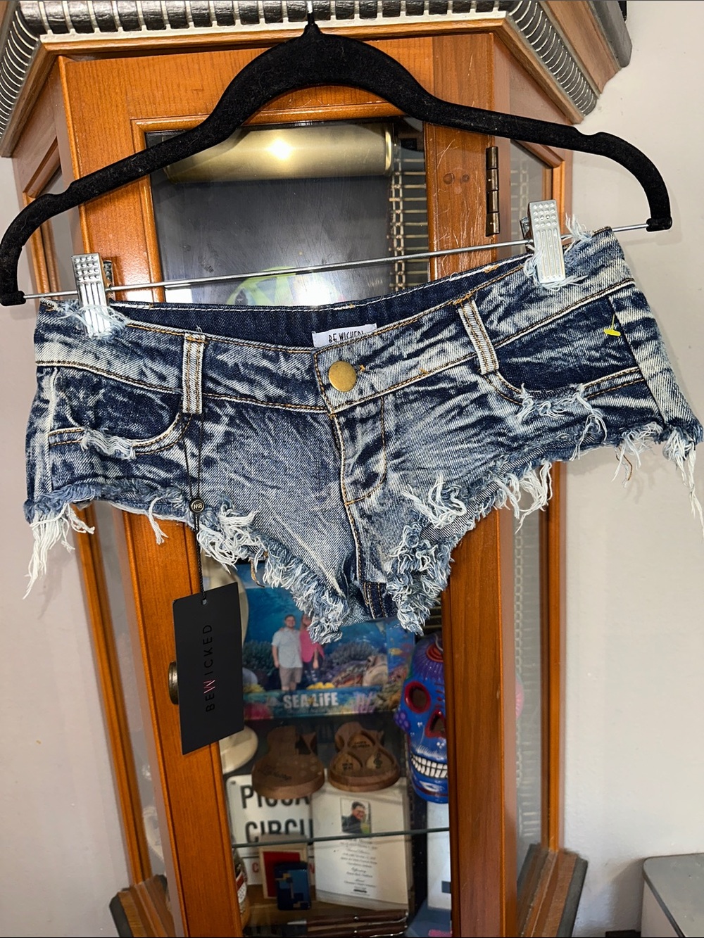 Be Wicked Women's Distressed SUPER Mini Denim Cutoff Shorts - Blue Wash